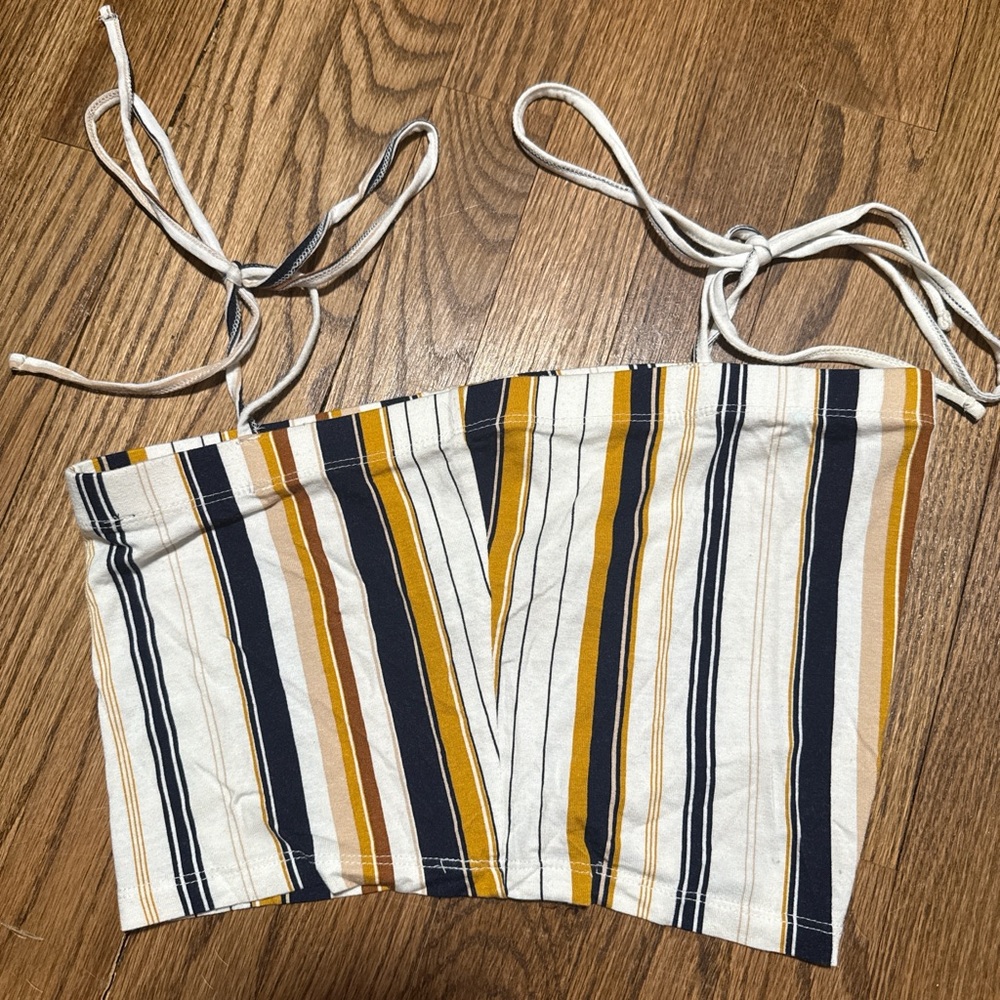 Forever 21 White Navy Mustard Striped Tie-Shoulder Crop Top